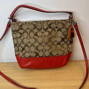 Coach Tan Canvas and Red Leather Signature Shoulder Bag With Yellow Tag